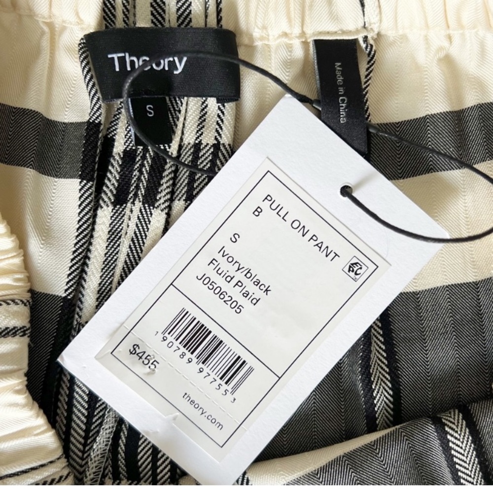 THEORY Women's Black/Ivory Plaid Fluid Wide Leg Pull on Pant Like New Condition - Picture 3 of 14